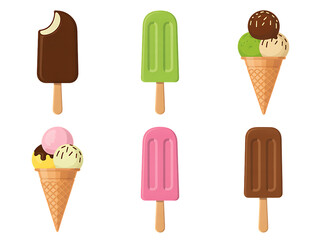 Vibrant collection of delicious cartoon ice cream and popsicles on a transparent background, perfect for summer dessert themes and graphic design projects.