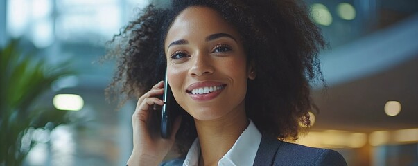Attractive executive businesswoman talking on the phone, smiling as she communicates in the workplace, Generative AI