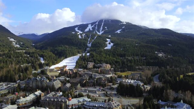 Whistler resort village and Blackcomb Mountain in Canada, aerial hyperlapse