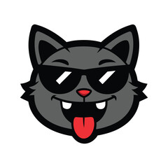 black cat with red tongue, funny black cat make funny face wearing sunglasses icon isolated on white background