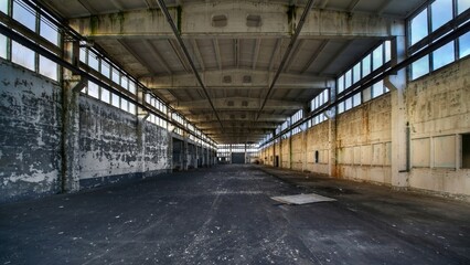 Empty industrial hall stretching into the distance with peeling walls and large overhead windows