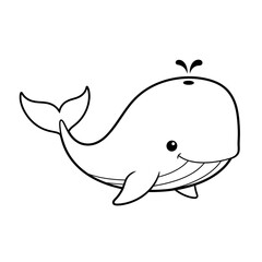 Cute cartoon whale smiling with playful expression in outline style  