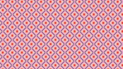 Seamless retro pattern with pink flowers and wavy black and white lines.