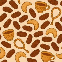 Seamless pattern featuring dates, crescent cookies, cups of coffee, and prayer beads on a beige background.