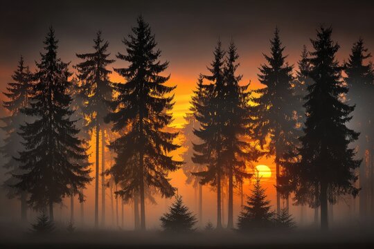 Silhouette forest at sunset, misty - Powered by Adobe