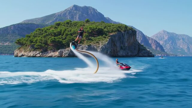 Exciting Flyboard Stunt on Azure Waters with Mountain Backdrop on Sunny Day