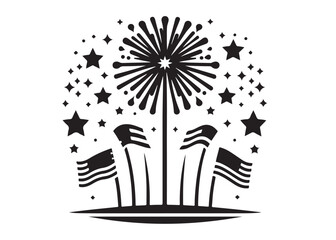 4th of july fireworks logo silhouette vector, fourth of july logo icon silhouette, fourth 4t of july with american flag and fireworks logo silhouettes vector on a white background
