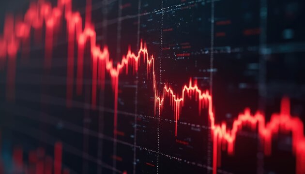 Stock market crash financial crisis concept. Dramatic red graph falling down on dark background. Economic recession, investment loss, market volatility concept.