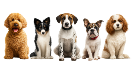 Diverse domestic canine friends group, sitting, posing portrait, cut out transparent