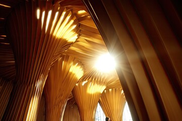 Golden, intricate architectural structure. Sunlight streams through