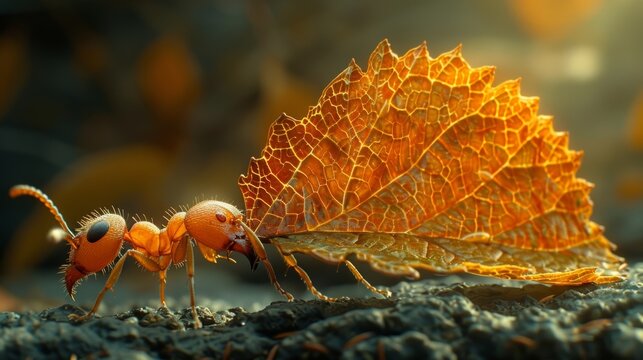 A detailed view of an ant carrying a leaf fragment, showcasing its strength and the intricate textures of both ant and leaf in a microcosmic landscape.