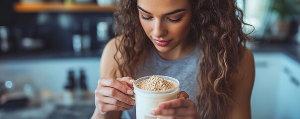 Young sporty woman pouring protein powder into a cup to create a post-workout meal replacement shake for recovery, Generative AI