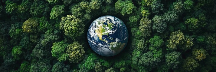 Obraz premium Vibrant Green Planet Over Lush Forest Landscape, Symbolizing Nature s Beauty and Environmental Hope