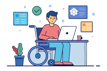 Inclusive Workplace: A determined individual, seated in a wheelchair, navigates the digital sphere with unwavering focus, embracing an environment that champions equal opportunities.