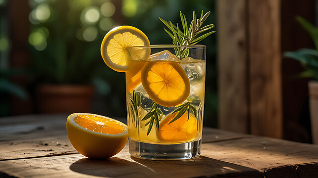 Cold summer citrus drinks: fresh lemonade and orange juice in glasses with ice and lemon slices