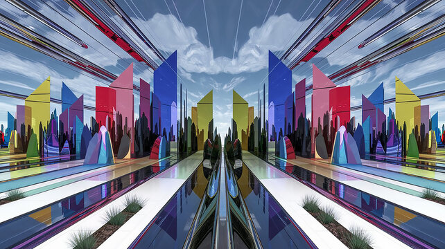 Digital artwork of a futuristic, vertically symmetrical structure, with complex, mirrored design elements and a polished, high-tech aesthetic