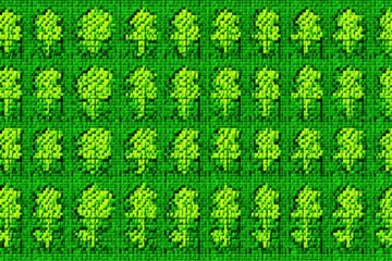 Repeating pattern of small, stylized trees. Bright green background. Pixelated, graphic design