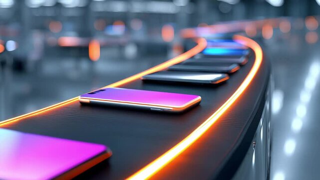Smartphones are lined up on a conveyor belt at a modern manufacturing facility, demonstrating efficiency in technology production