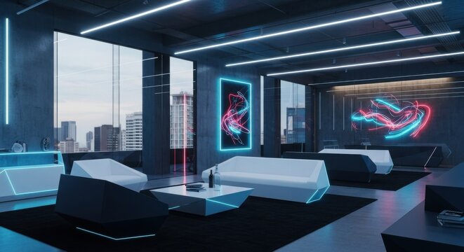 Futuristic Lounge with Neon Accents and City View
