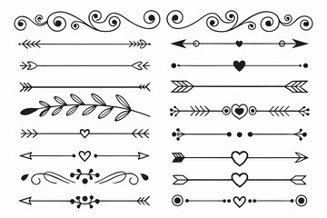 Hand-Drawn Arrow and Swirl Border Set Featuring Floral Accents in Elegant Black Vector. Ornamental Dividers for Layout Projects, Wedding Cards, and Invitations.

