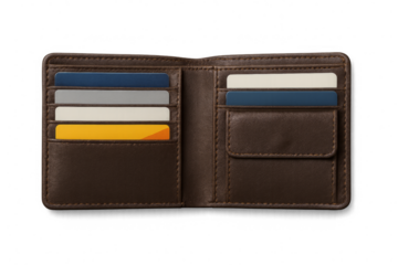 Brown leather wallet open with credit cards and transparent background