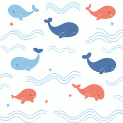 Fototapeta premium Flat illustration of cartoon whales scattered on a white background with light blue zigzag wave lines, using childlike and simplified shapes, perfect for marine-themed decor and children’s products