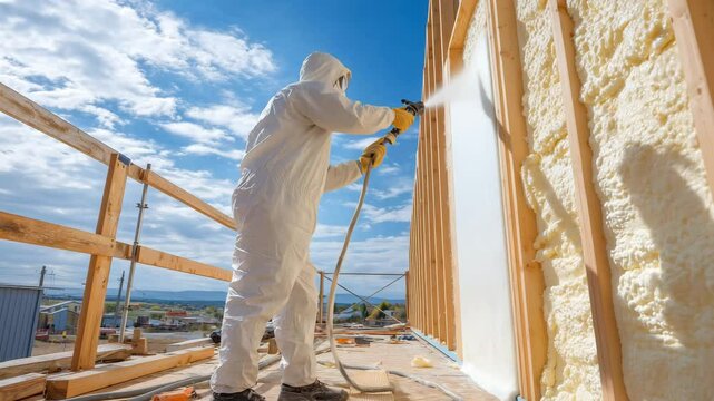 A worker in protective gear sprays insulation material onto the wooden frame of a building under construction on a sunny day