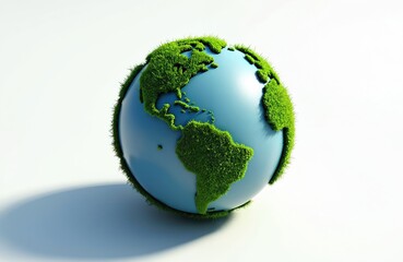 3D rendering of Earth covered in green vegetation. Environmental themes sustainability, nature, climate change awareness. Planet globe illustration with eco-friendly concept. Digital artwork on white