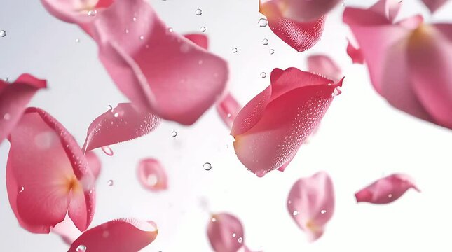Flying falling pink rose petals isolated on white background