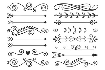 Fototapeta premium Elegant Arrow and Swirl Border Set in Hand-Drawn Black Vector Featuring Floral Motifs. Vintage Decorative Dividers for Layouts and Wedding Design Projects.