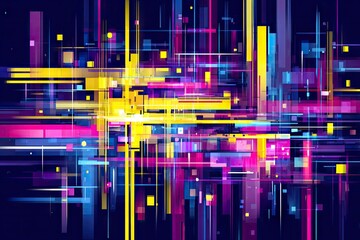 Abstract digital art with vibrant colors and dynamic lines.  Intricate network of intersecting geometric shapes.  Bold hues and contrasting tones create a powerful visual effect