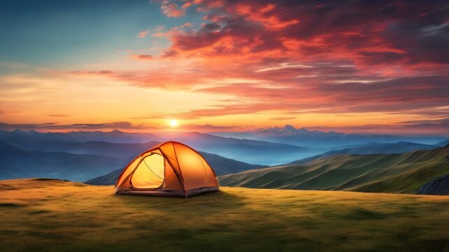 Illuminated Tent on Grassy Hilltop at Sunset with Mountain Views and Dramatic Sky