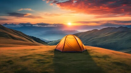 Golden tent glows at sunset in mountain landscape, a peaceful camping scene