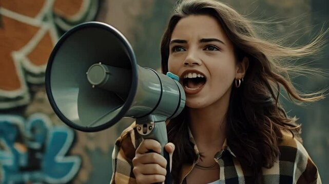 Woman shouting into a megaphone wearing a plaid shirt with graffiti in the background outside during day