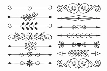 Hand-Drawn Decorative Swirl and Arrow Borders in Elegant Black Vector Featuring Vintage Floral Ornaments. Ideal for Invitations, Posters, and Layout Designs.

