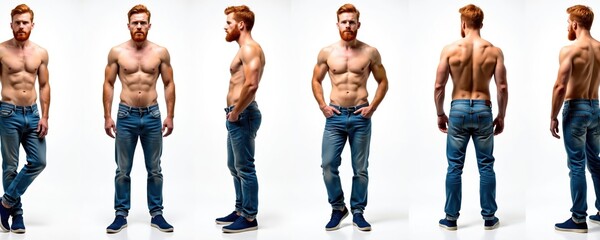 Shirtless redhead man in blue jeans, various poses on white background. Front view, side, back, different angles. Male model shows muscles, body. Athletic, sport. Gym, fitness, fashion, muscle,