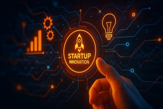 Hand interacting with a glowing startup innovation interface with digital graphs and circuitry.