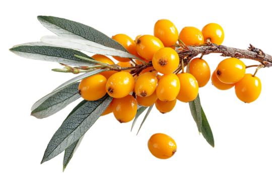 Fresh sea buckthorn berries on branch with leaves.