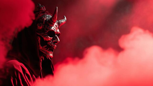 Dark figure in red mist evokes eerie atmosphere at festival