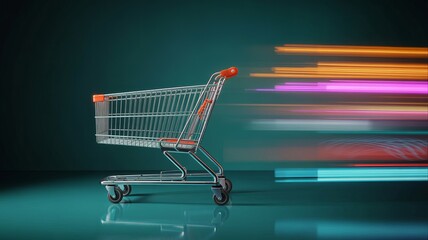 Fast online shopping depicted by a swift moving shopping cart on green background, consumerism concept.