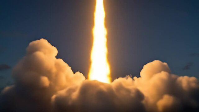 Rocket launch over ocean at night