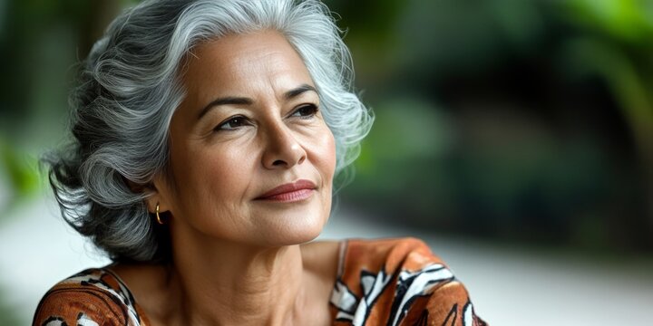 Elegant Portrait of a Mature Woman with Silver Hair, Her Calm Gaze Reflecting Wisdom and Grace. - Powered by Adobe
