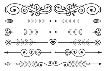 Elegant Hand-Drawn Decorative Borders with Arrows and Swirls in Black Vector Featuring Floral Accents. Vintage Line Dividers for Invitations and Layout Templates.


