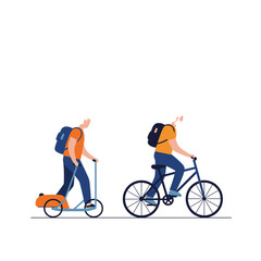 Fototapeta premium Two men riding a scooter and bicycle on a white background 