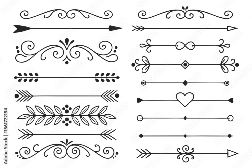 Fototapete hand-drawn arrow and swirl borders in elegant black vector featuring floral motifs and curved lines.