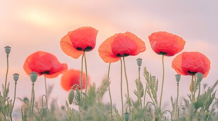Fototapeta premium Vibrant Red Poppies Sunset Field Meadow Summer Bloom