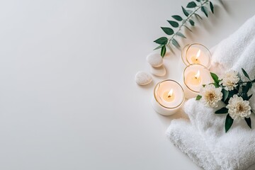 Spa scene with candles, stones, and flowers.  White candles, smooth stones,  fresh greenery, and soft white towel arranged on a bright white surface.  Soft lighting emphasizes the calming elements