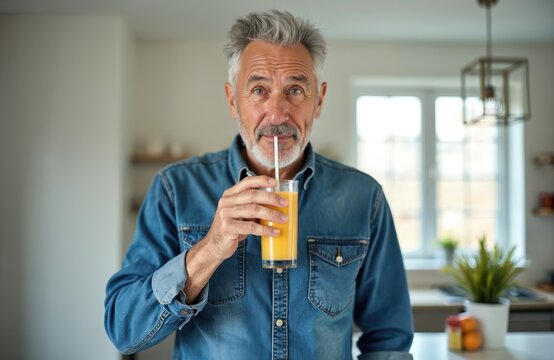 Mature man drinks smoothie at home kitchen. Grey haired senior with fresh fruit juice, healthy lifestyle. Happy elderly person enjoys diet, nutrition for wellbeing.
