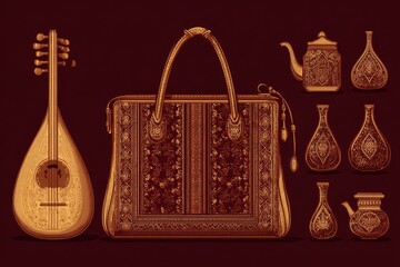 Ornate gold-toned bag, musical instrument, and decorative objects on dark background