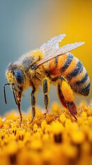 Honey bee covered in dew drops pollinating yellow flower